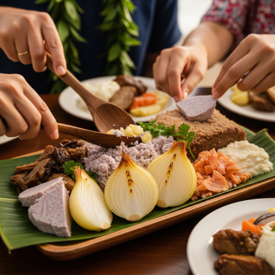 A cultural representation of a Maui onion (onions) featured in a traditional dish or meal setting