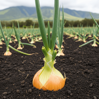 A photograph of a Maui onion (onions) in its natural environment or growing in soil