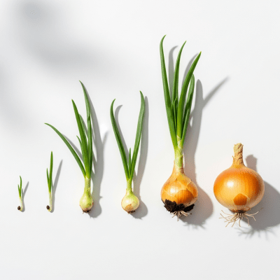 An image showing multiple stages of growth for a single type of Maui onion (onions), from seedling to mature bulb