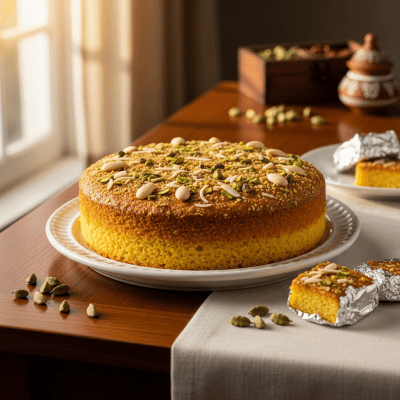 A realistic image of a whole Mawa Cake (cake) displayed on a classic dessert table in a home or bakery setting