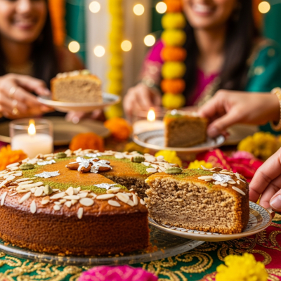 A scene showing the Mawa Cake (cake) being served or enjoyed at a festive occasion, such as a birthday party or wedding
