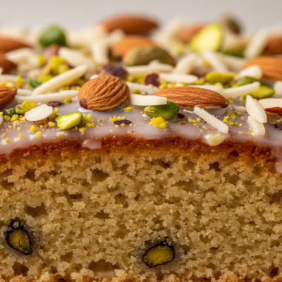 Close-up macro photograph of the surface texture and decoration of a Mawa Cake (cake)