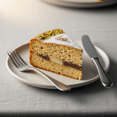 An image of a single slice of Mawa Cake, from the cake taxonomy, isolated on a plate with simple cutlery