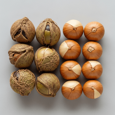 Image of a handful of unshelled and shelled Maya nut (nuts), side by side