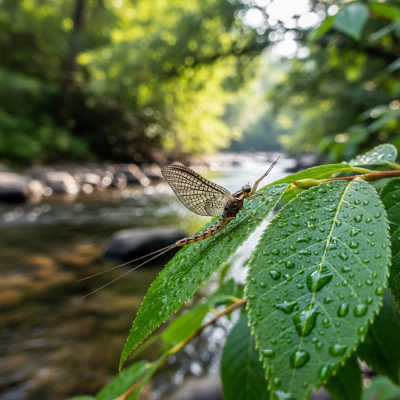 Detailed image showing a Mayfly in its natural environment