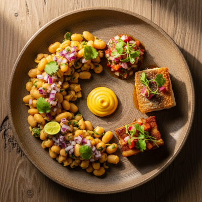 Image of cooked Mayocoba Bean (beans) presented as part of a traditional dish or cuisine, plated attractively and photographed from above