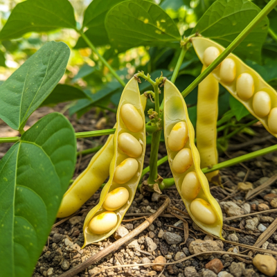 An image of Mayocoba Bean, belonging to the taxonomy beans, displayed in its natural environment—such as growing on a plant or vine, surrounded by leaves and soil