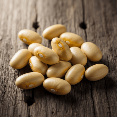 A handful of uncooked Mayocoba Bean beans (beans) scattered on a rustic wooden surface, photographed in natural light to emphasize their variety and color