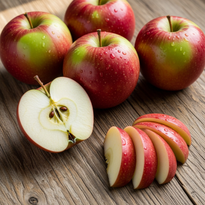 A simple arrangement showing several whole and one cut-open McIntosh, displayed on a wooden surface