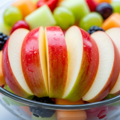 A photograph of a freshly sliced McIntosh of the taxonomy apples, presented as part of a fruit salad in a clear bowl