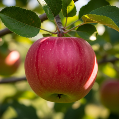 A naturalistic photograph of a McIntosh, hanging on its tree branch with leaves visible