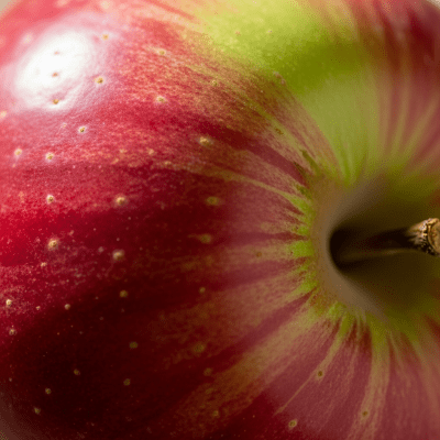 A detailed macro shot focusing on the skin texture and color variation of a McIntosh