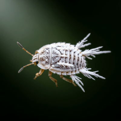 Striking editorial-style portrait of a single Mealybug, from the taxonomy insects.
