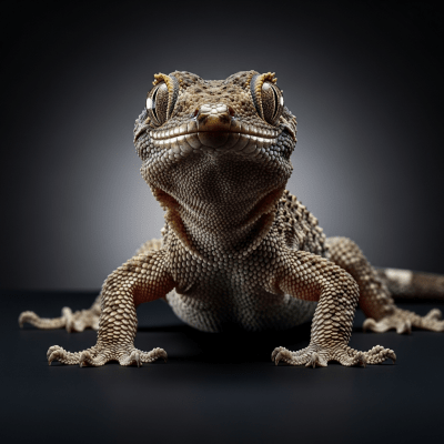 Editorial-style hero shot of a Mediterranean House Gecko (lizards), captured in dramatic lighting against a dark gradient background.