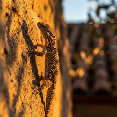 A dynamic action scene featuring a single Mediterranean House Gecko (lizards) running, climbing, or catching prey in its typical environment