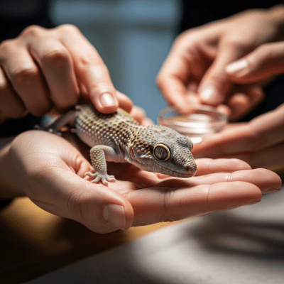 Image of a Mediterranean House Gecko interacting with humans in a responsible pet-keeping context