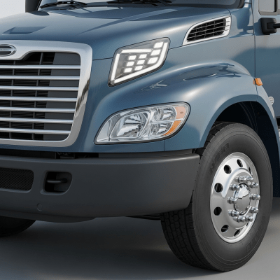 Close-up photograph focusing on distinctive details of a Medium-Duty Truck from the trucks taxonomy