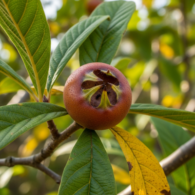 A photograph of a fresh Medlar from the fruits taxonomy as it appears in its natural growing environment, such as on a tree, bush, or vine
