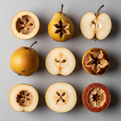 An overhead view photograph of several pieces of the Medlar, from the fruits taxonomy, arranged aesthetically on a plain background