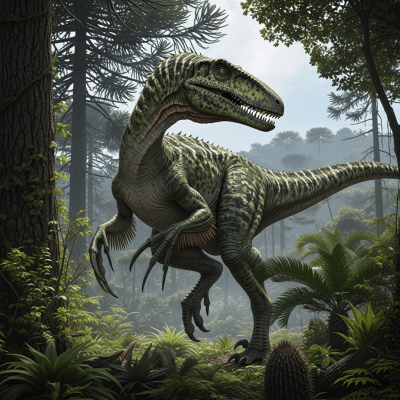 Realistic depiction of a Megaraptor in its prehistoric natural environment