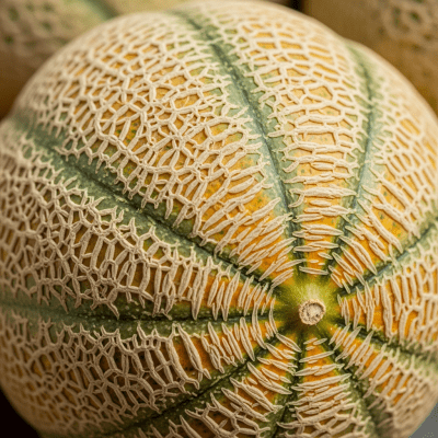 Macro shot capturing the surface texture and color details of the Melon, within the fruits taxonomy