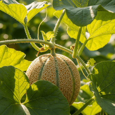A photograph of a fresh Melon from the fruits taxonomy as it appears in its natural growing environment, such as on a tree, bush, or vine