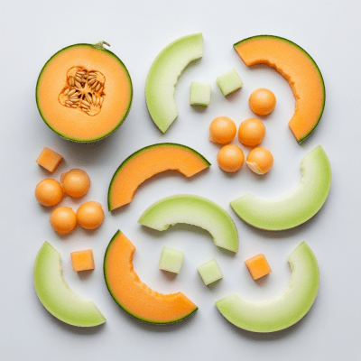 An overhead view photograph of several pieces of the Melon, from the fruits taxonomy, arranged aesthetically on a plain background
