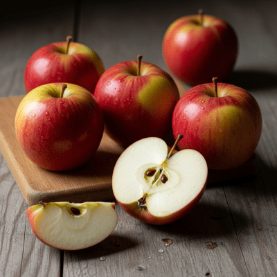 A simple arrangement showing several whole and one cut-open Melrose, displayed on a wooden surface