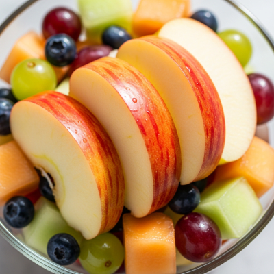 A photograph of a freshly sliced Melrose of the taxonomy apples, presented as part of a fruit salad in a clear bowl
