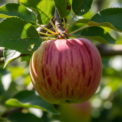 A naturalistic photograph of a Melrose, hanging on its tree branch with leaves visible