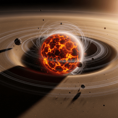 Realistic rendering of a Mercurian (iron-rich) planet, shown in a simulated planetary formation environment