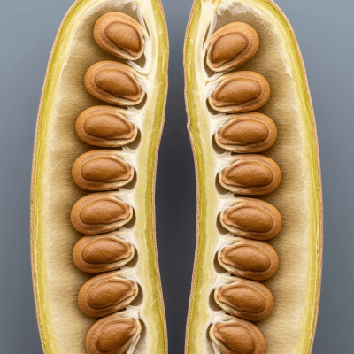Close-up macro image of the Mesquite (legumes) cut in half, displaying its internal structure and details such as seed arrangement, pod interior, or cross-section textures