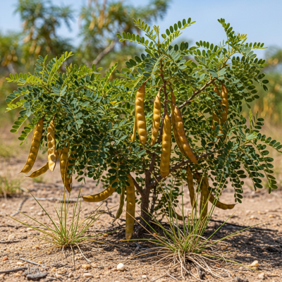 Photograph of the Mesquite (legumes) growing naturally on its plant in an outdoor agricultural or garden setting, showing leaves, pods, and surrounding soil or greenery