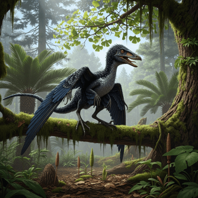 Realistic depiction of a Microraptor in its prehistoric natural environment