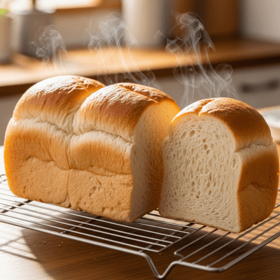 Photograph of freshly baked Milk Bread, cooling on a wire rack