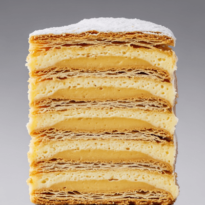 Detailed cross-sectional view of a sliced Mille-feuille (cake), showing internal layers, textures, and ingredients