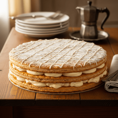 A realistic image of a whole Mille-feuille (cake) displayed on a classic dessert table in a home or bakery setting