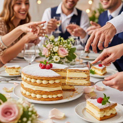 A scene showing the Mille-feuille (cake) being served or enjoyed at a festive occasion, such as a birthday party or wedding