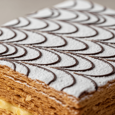 Close-up macro photograph of the surface texture and decoration of a Mille-feuille (cake)