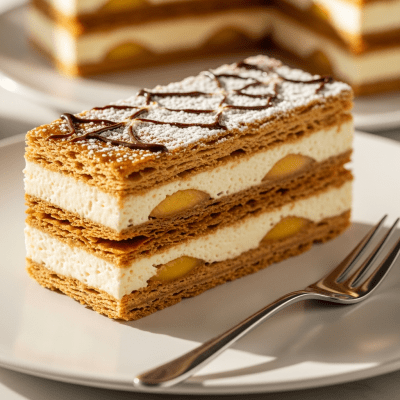 An image of a single slice of Mille-feuille, from the cake taxonomy, isolated on a plate with simple cutlery