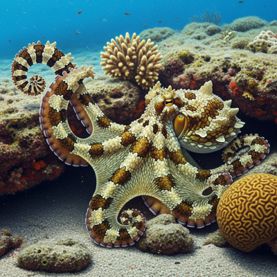Illustration of a Mimic Octopus displaying camouflage behavior within its environment, blending into rocks, sand, or coral