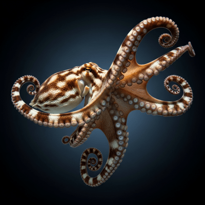 Editorial-style photograph of a Mimic Octopus from the taxonomy octopuses, positioned dramatically against a dark or gradient background with focused lighting to emphasize texture and color.