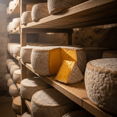 A whole wheel or block of Mimolette, shown in an artisanal cellar or aging environment typical for this cheese