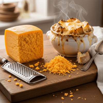 A piece of Mimolette being used in a classic culinary preparation or dish where it is commonly featured