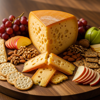 A serving of Mimolette arranged as part of a traditional cheese platter with fruits, nuts, and crackers