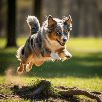 Full body action shot of a Miniature American Shepherd