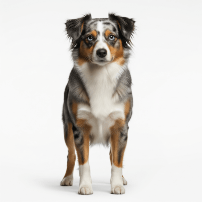 High quality studio photograph of a single Miniature American Shepherd