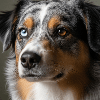 Close-up photograph of the face of a Miniature American Shepherd