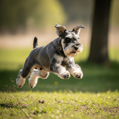 Full body action shot of a Miniature Schnauzer