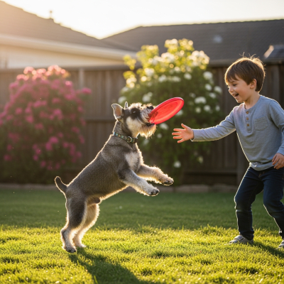 Image of a Miniature Schnauzer interacting with humans in a typical cultural or domestic setting
